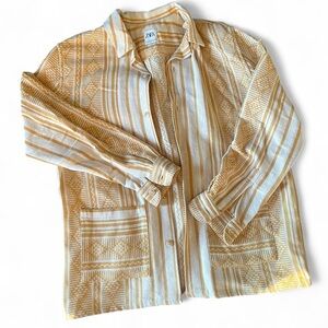 Mens Zara yellow and white button up patterned pocket long sleeve shirt L